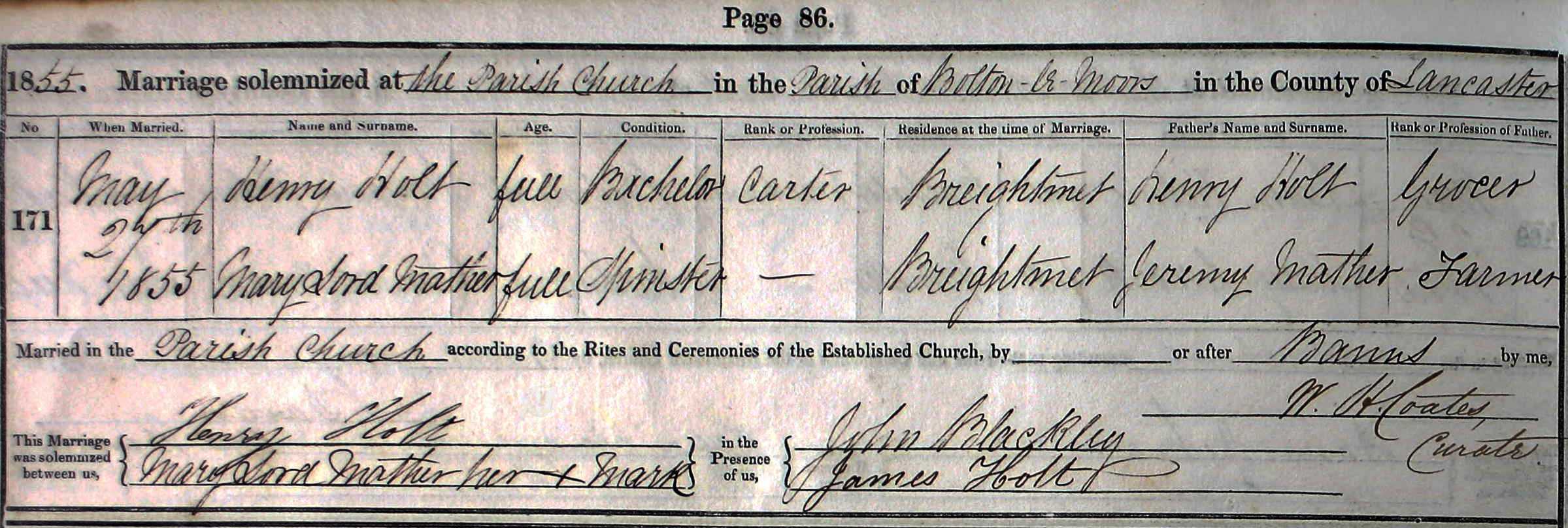 Taken on May 27th, 1855 and sourced from Certificate - Marriage.