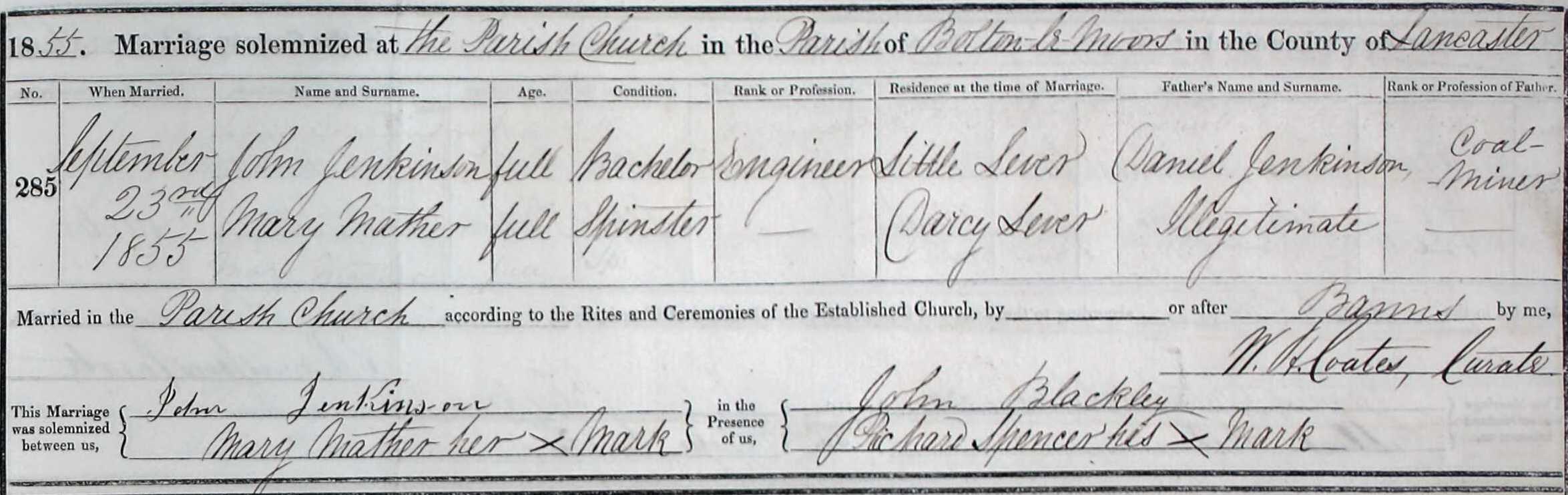 Taken on September 23rd, 1855 and sourced from Certificate - Marriage.