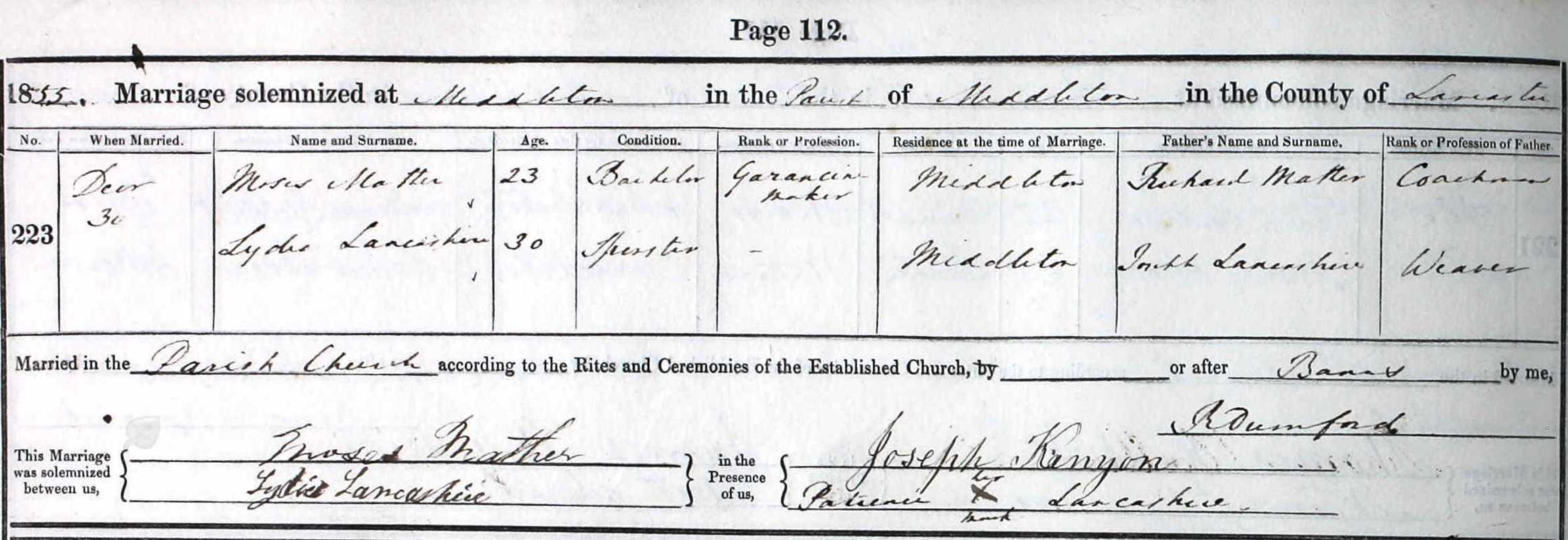 Taken on December 30th, 1855 and sourced from Certificate - Marriage.