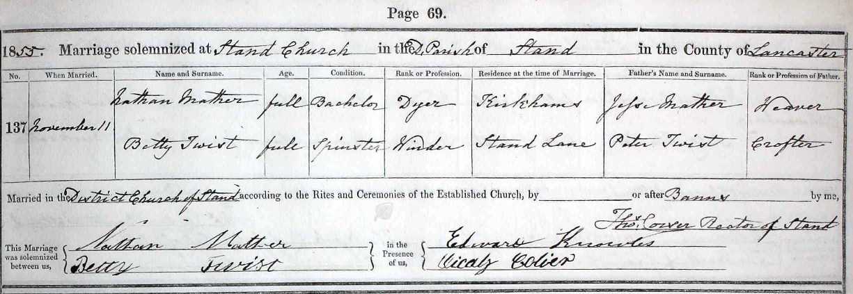 Taken on November 11th, 1855 and sourced from Certificate - Marriage.