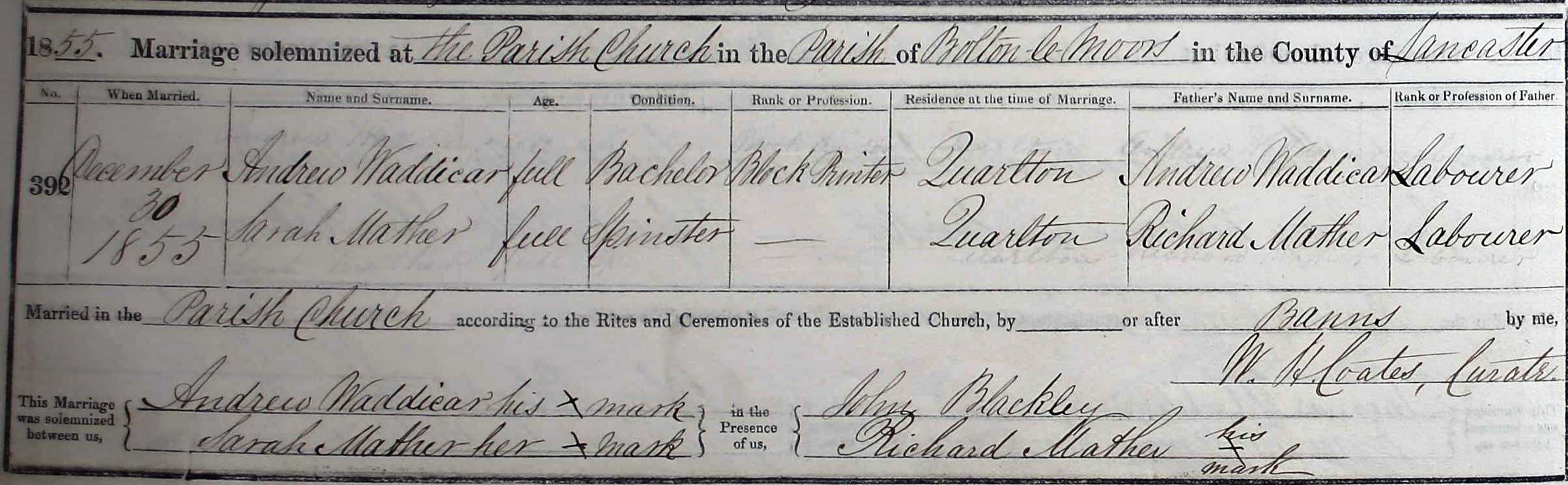 Taken on December 30th, 1855 and sourced from Certificate - Marriage.