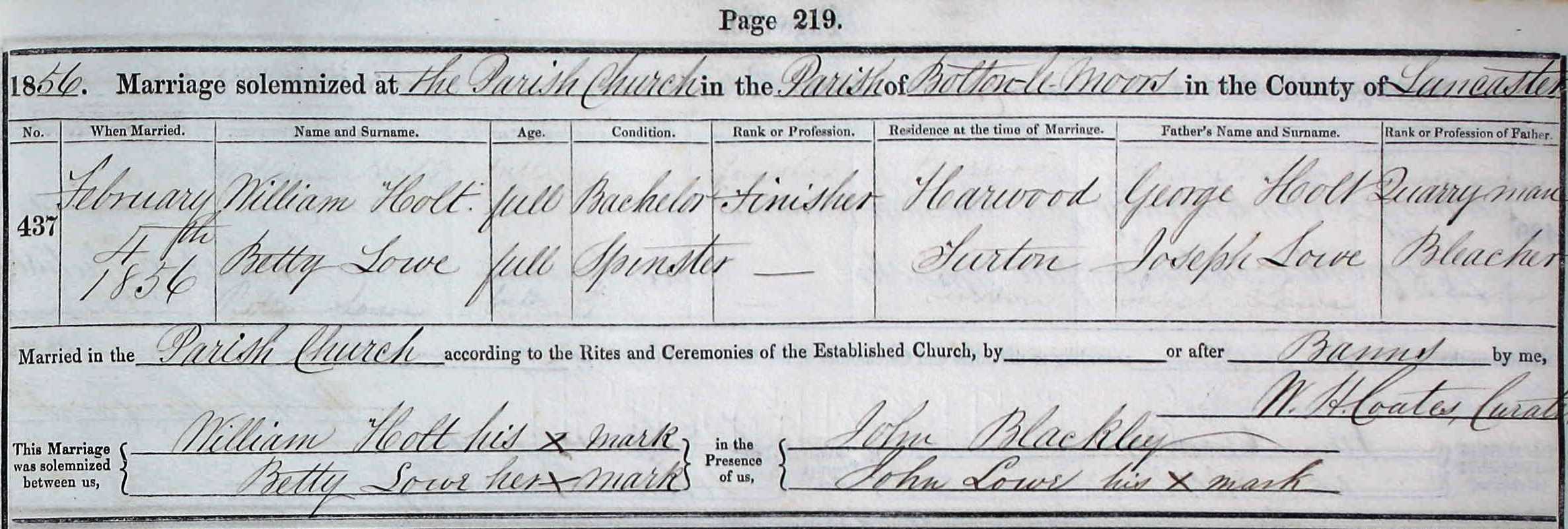 Taken on February 4th, 1856 and sourced from Certificate - Marriage.