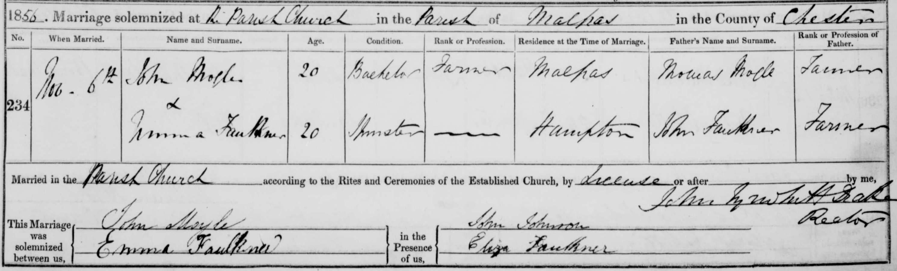 Taken on November 6th, 1856 in Malpas and sourced from Certificate - Marriage.