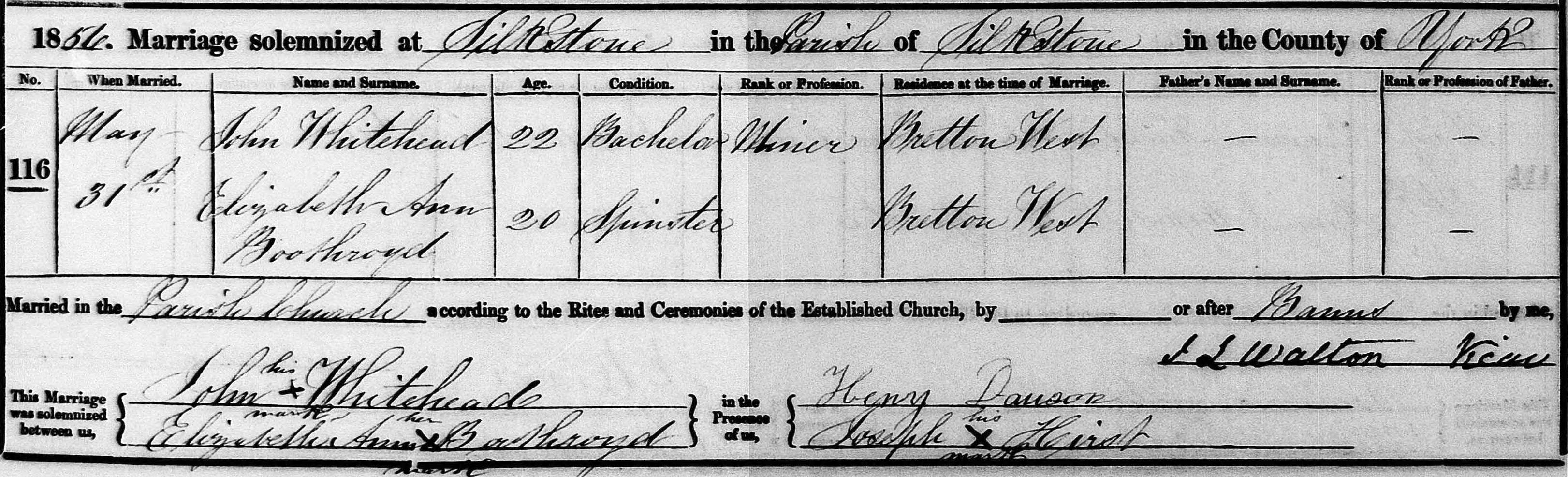 Taken on May 31st, 1856 and sourced from Certificate - Marriage.