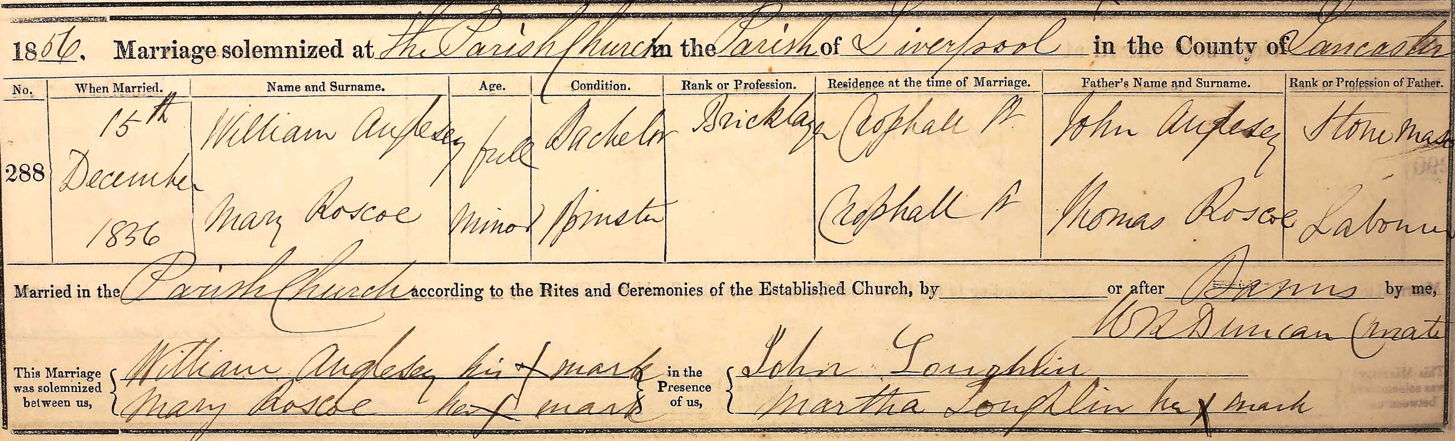 Taken on December 15th, 1856 and sourced from Certificate - Marriage.