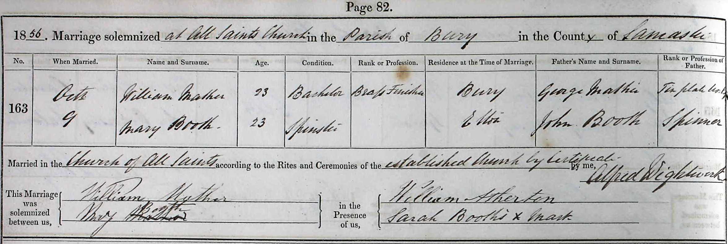 Taken on October 9th, 1856 and sourced from Certificate - Marriage.