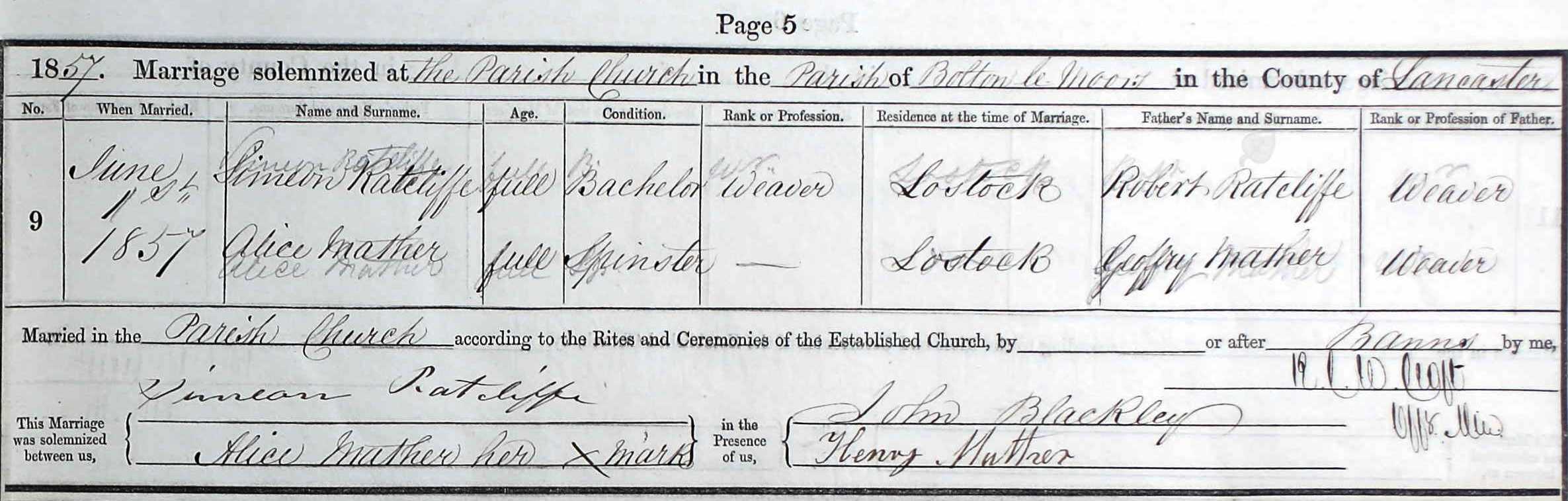 Taken on June 1st, 1857 and sourced from Certificate - Marriage.