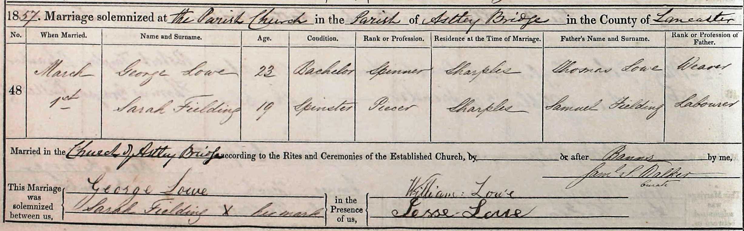 Taken on March 1st, 1857 and sourced from Certificate - Marriage.