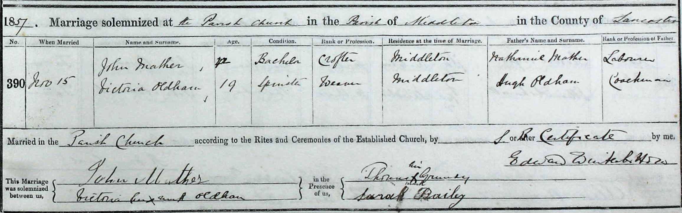 Taken on November 15th, 1857 and sourced from Certificate - Marriage.