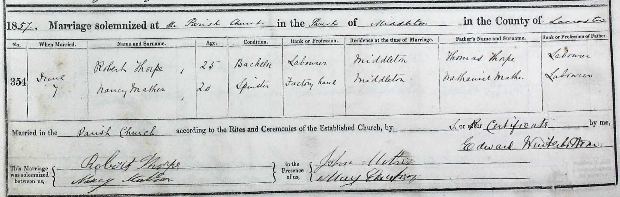 Taken on June 7th, 1857 and sourced from Certificate - Marriage.