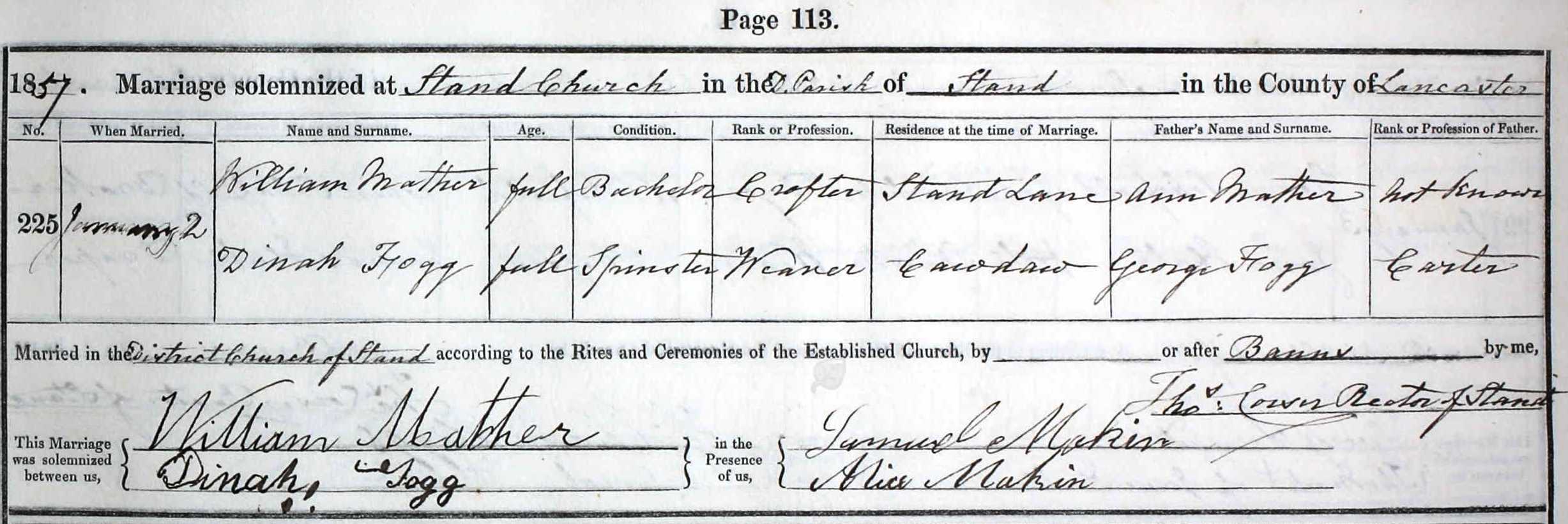 Taken on January 2nd, 1857 and sourced from Certificate - Marriage.