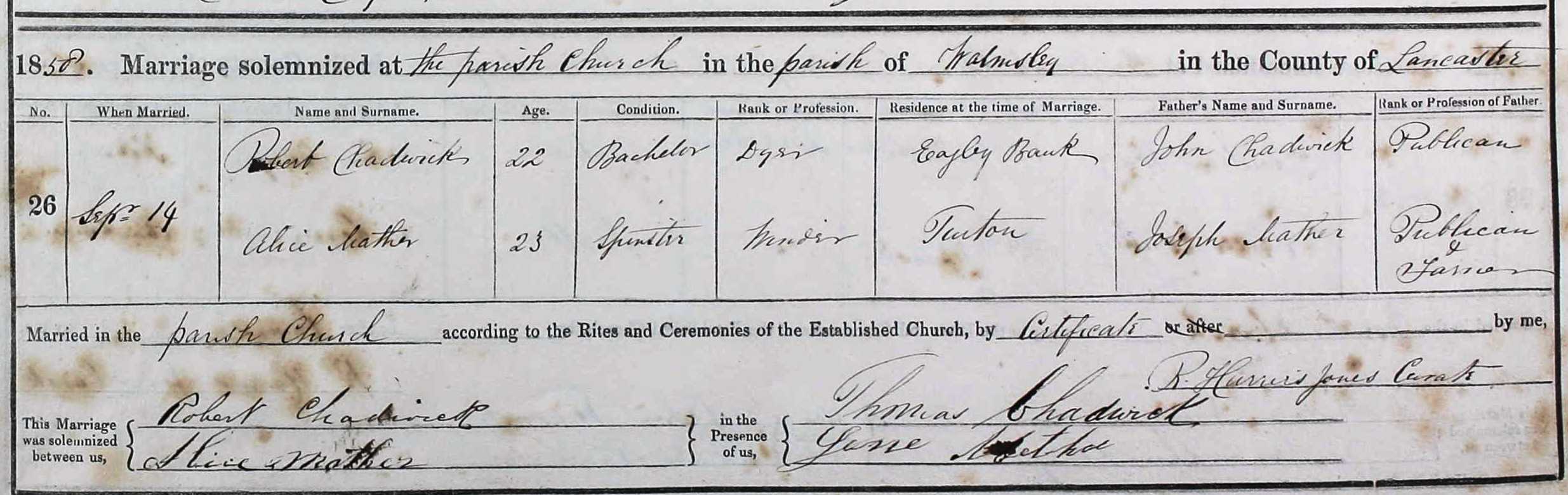 Taken on September 14th, 1858 and sourced from Certificate - Marriage.