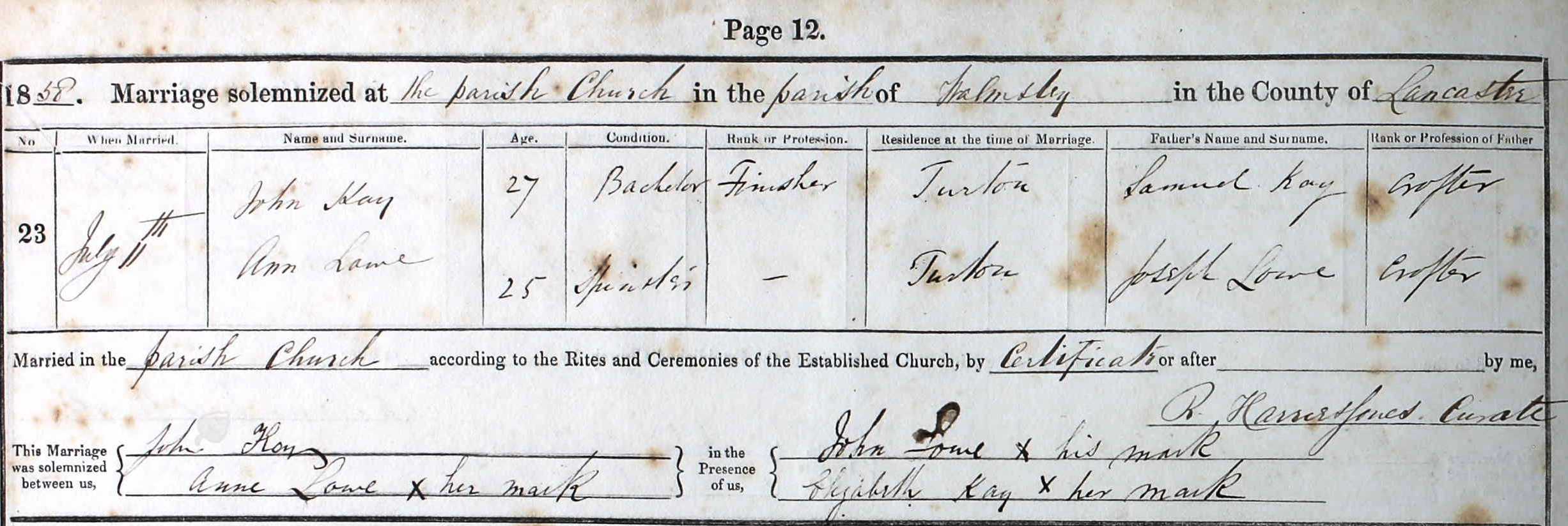 Taken on July 11th, 1858 and sourced from Certificate - Marriage.