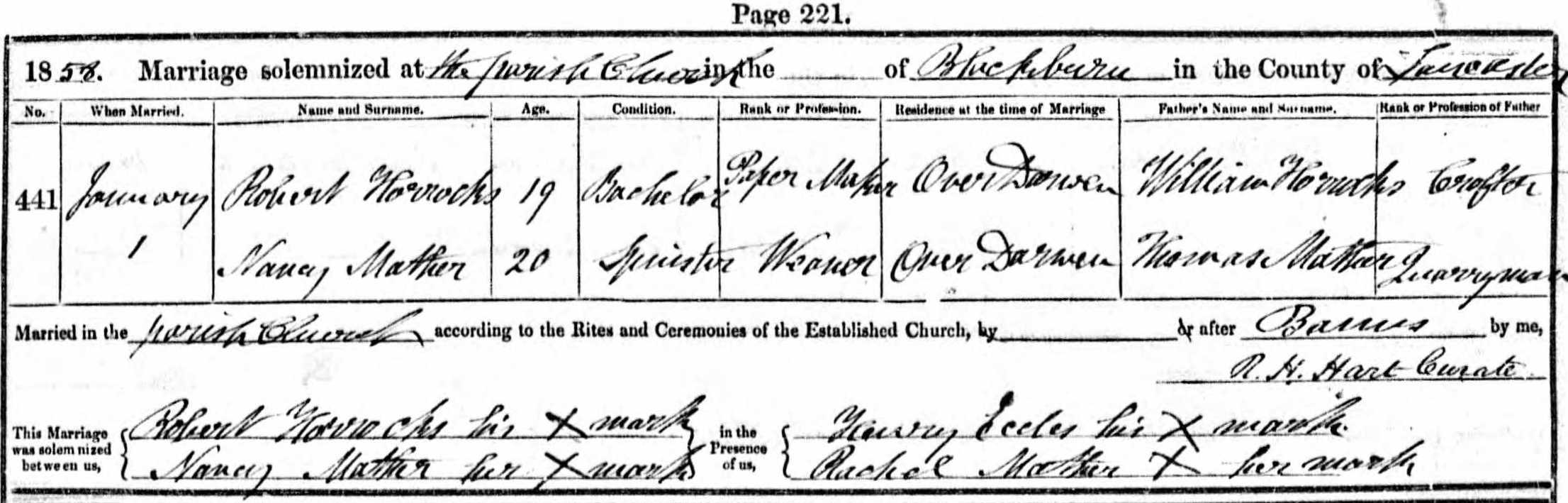 Taken on January 1st, 1858 and sourced from Certificate - Marriage.