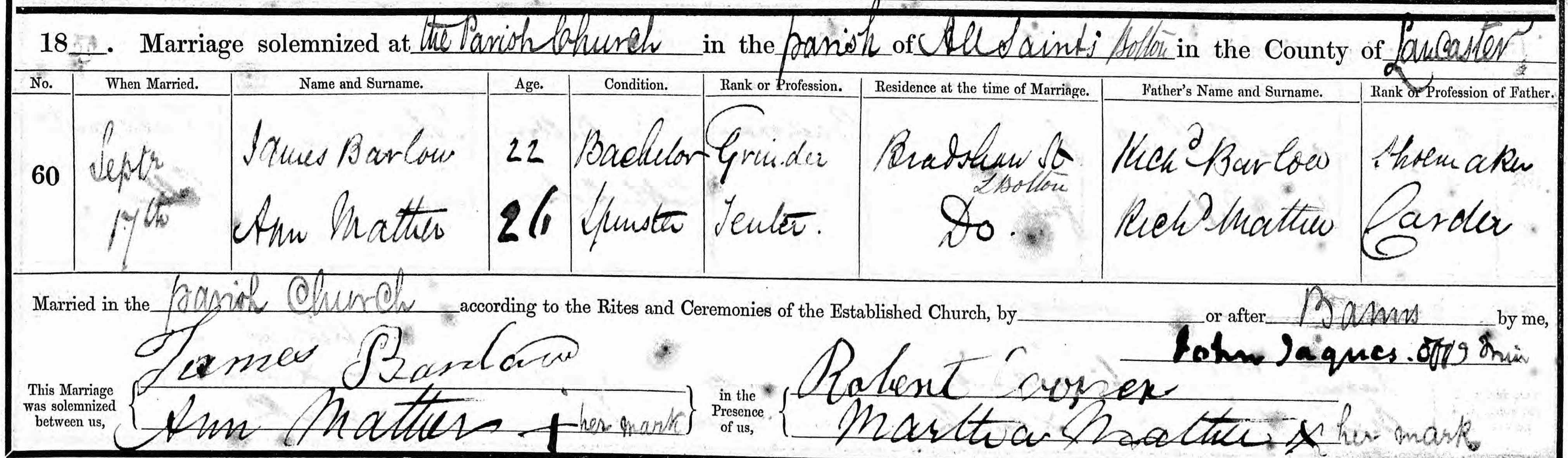 Taken on September 17th, 1859 and sourced from Manchester CoE Marriages & Banns 1753-1930.