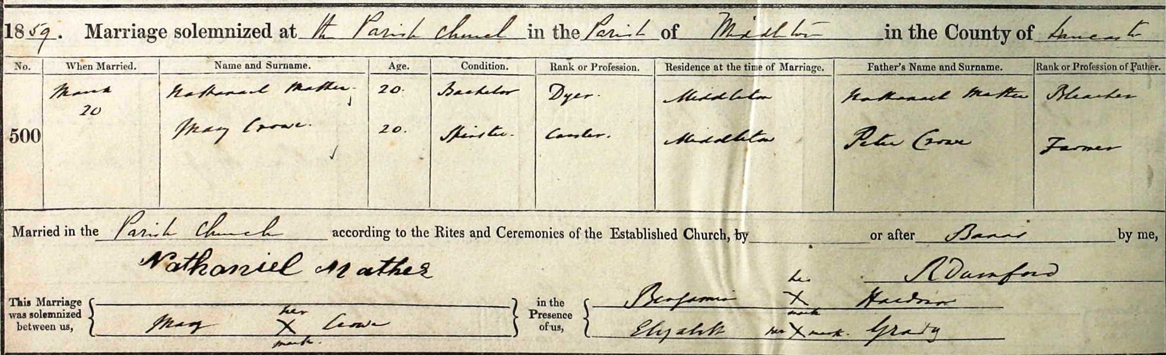 Taken on March 20th, 1859 and sourced from Certificate - Marriage.