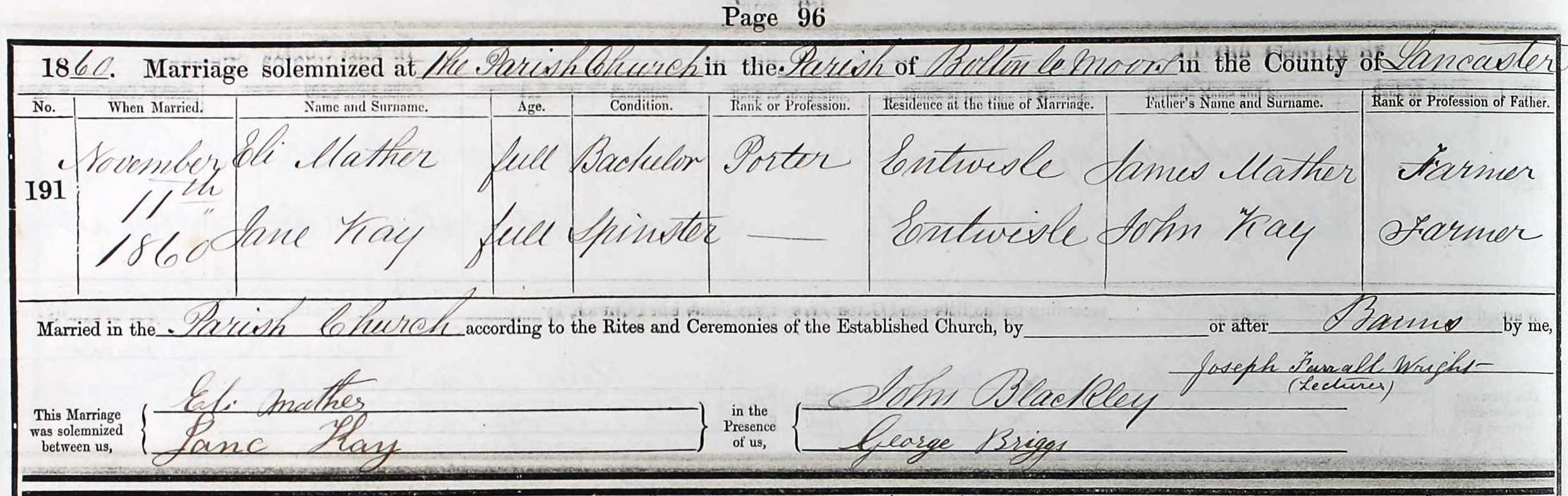 Taken on November 11th, 1860 and sourced from Certificate - Marriage.