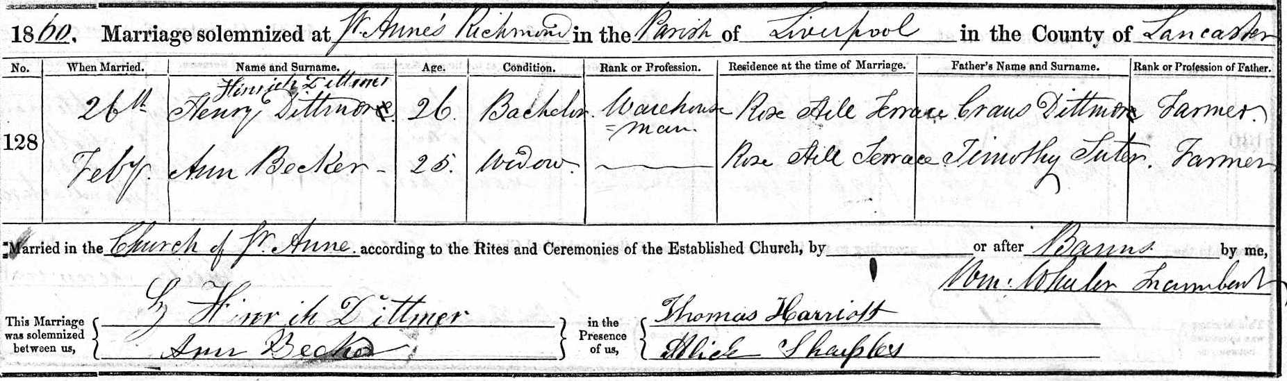 Taken on February 26th, 1860 at St. Ann (Liverpool) and sourced from Certificate - Marriage.