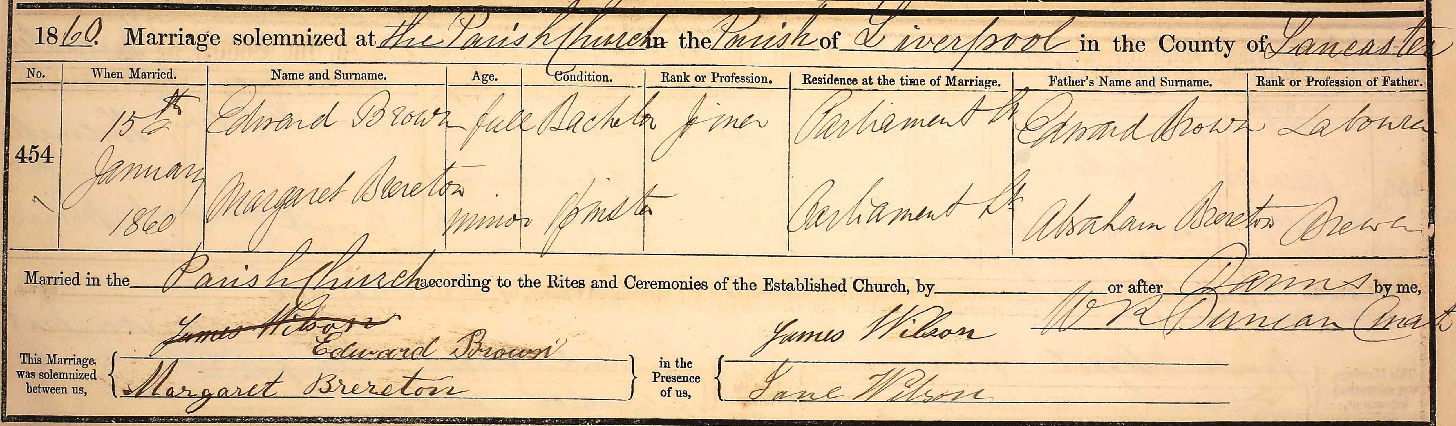 Taken on January 5th, 1860 and sourced from Certificate - Marriage.