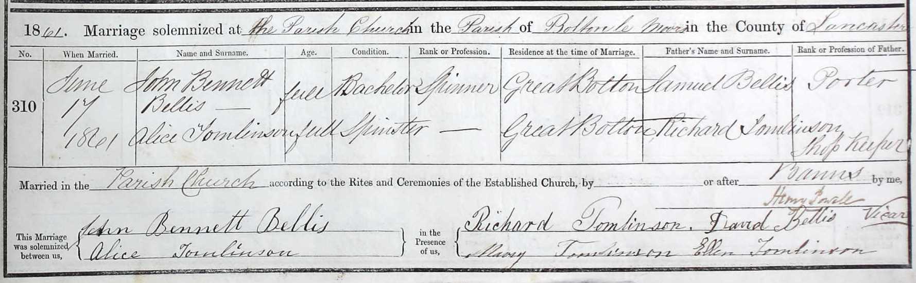 Taken on June 17th, 1861 and sourced from Certificate - Marriage.