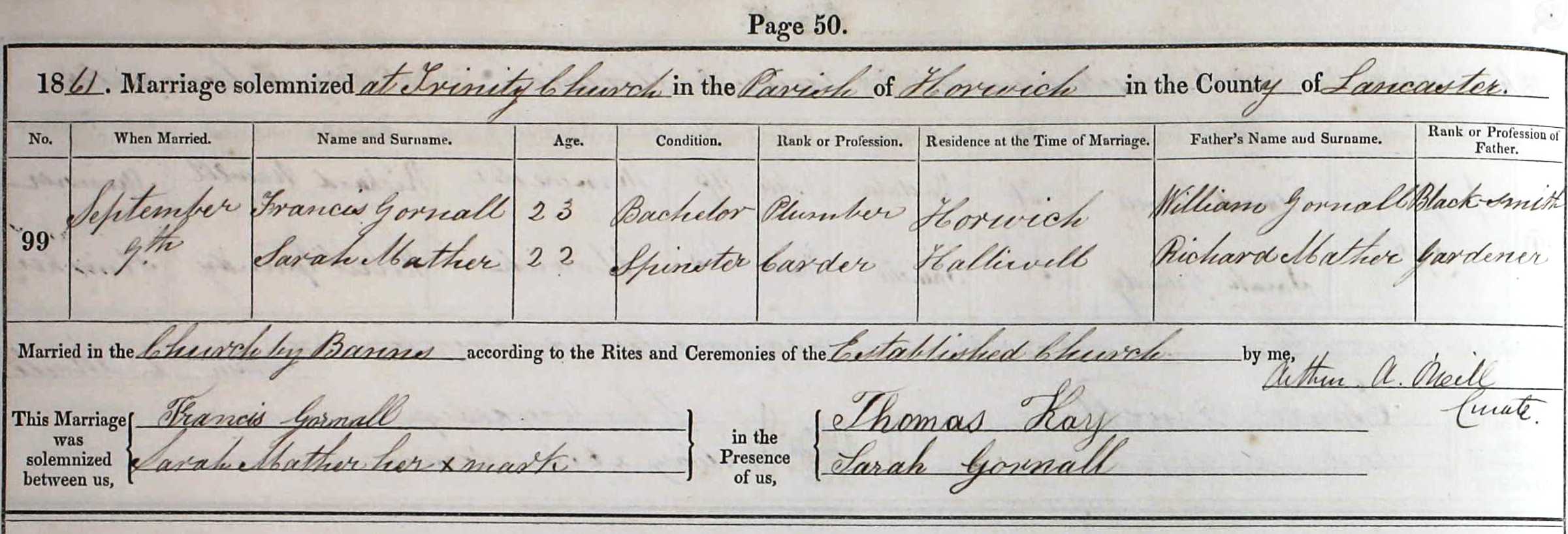 Taken on September 9th, 1861 and sourced from Certificate - Marriage.