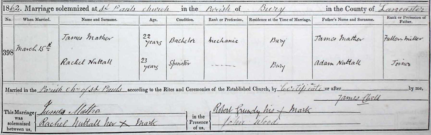 Taken on March 15th, 1862 and sourced from Certificate - Marriage.