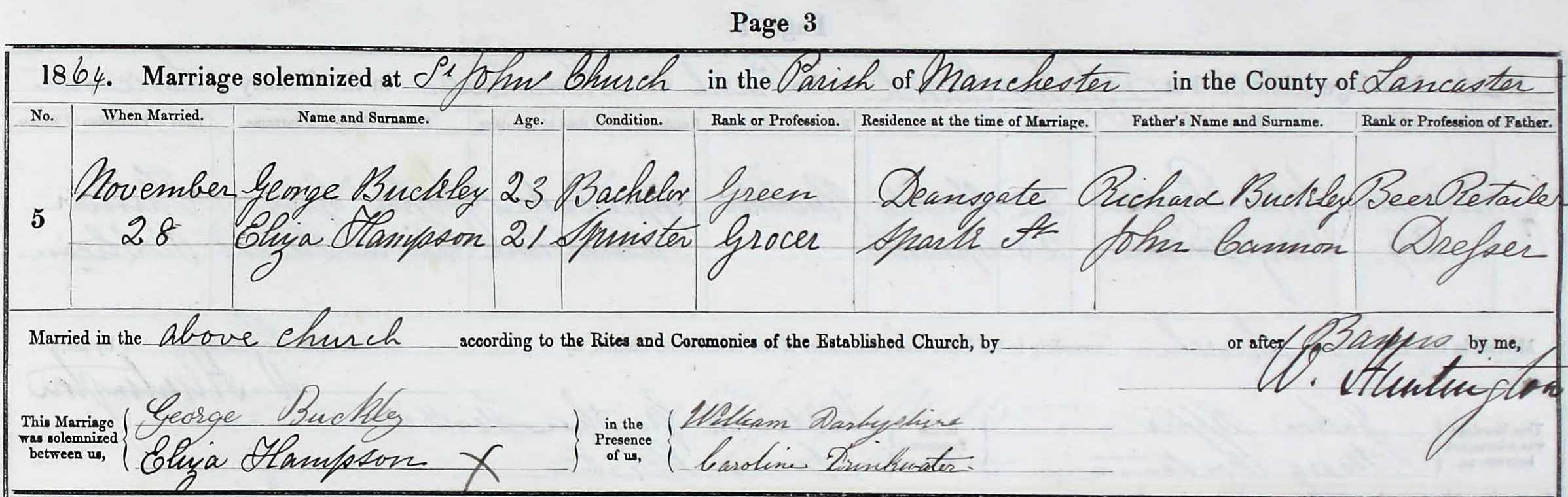 Taken on November 28th, 1864 and sourced from Certificate - Marriage.