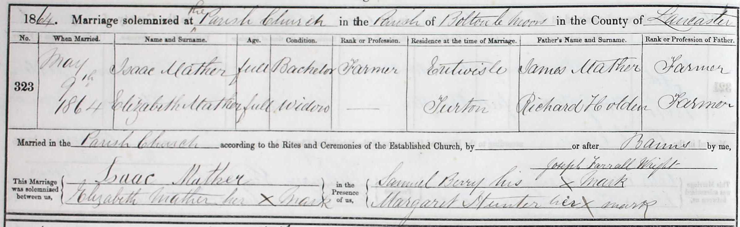 Taken in 1864 and sourced from Certificate - Marriage.