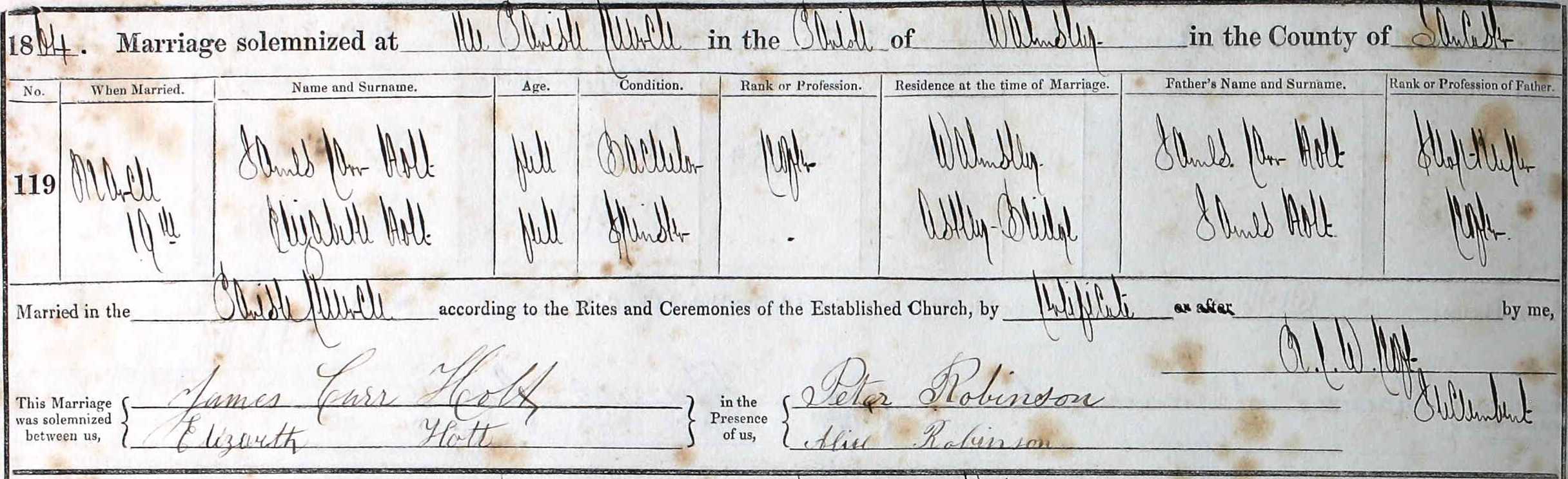 Taken on March 19th, 1864 and sourced from Certificate - Marriage.