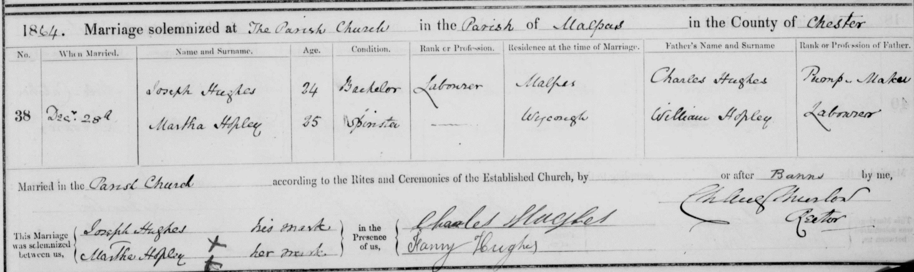 Taken on December 28th, 1864 in Malpas and sourced from Certificate - Marriage.