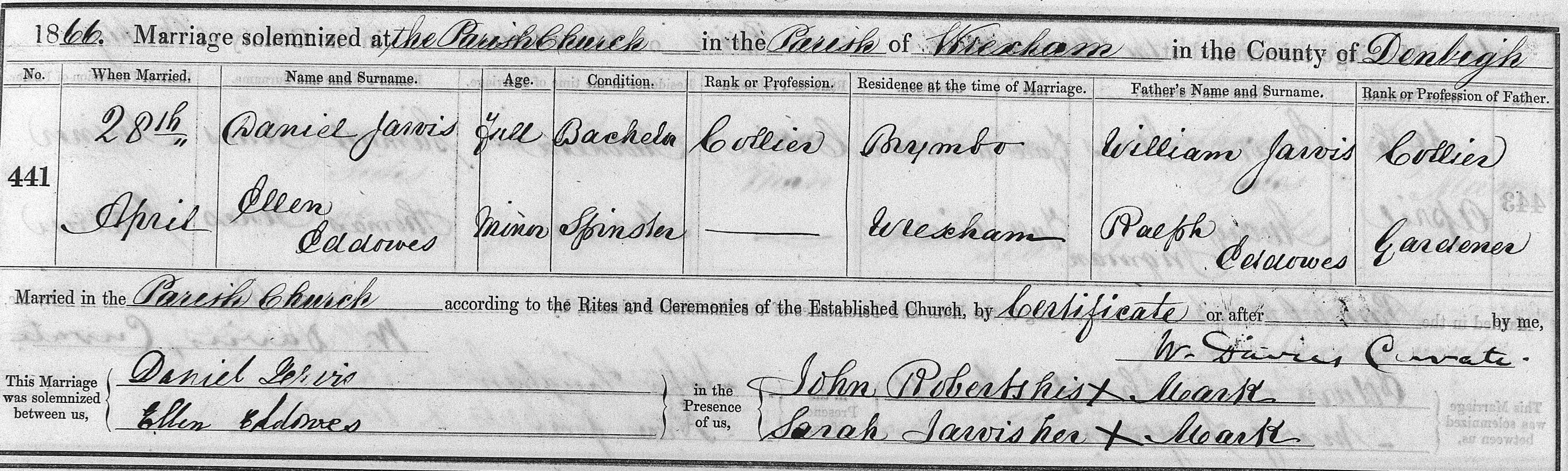 Taken on April 28th, 1866 and sourced from Certificate - Marriage.