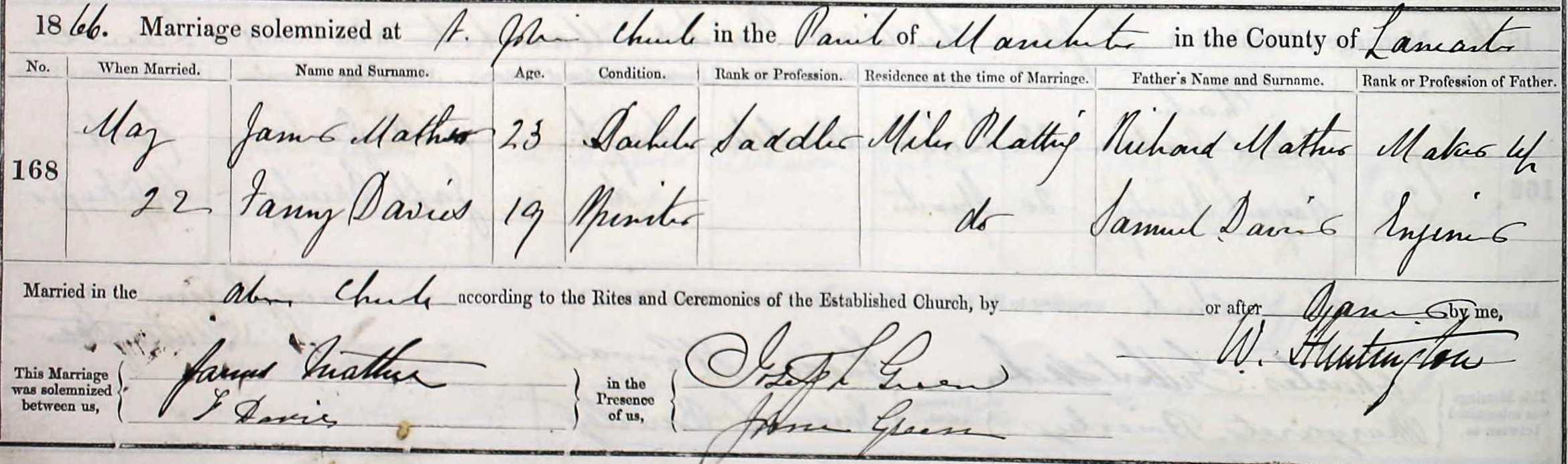 Taken on May 22nd, 1866 and sourced from Manchester CoE Marriages & Banns 1753-1930.