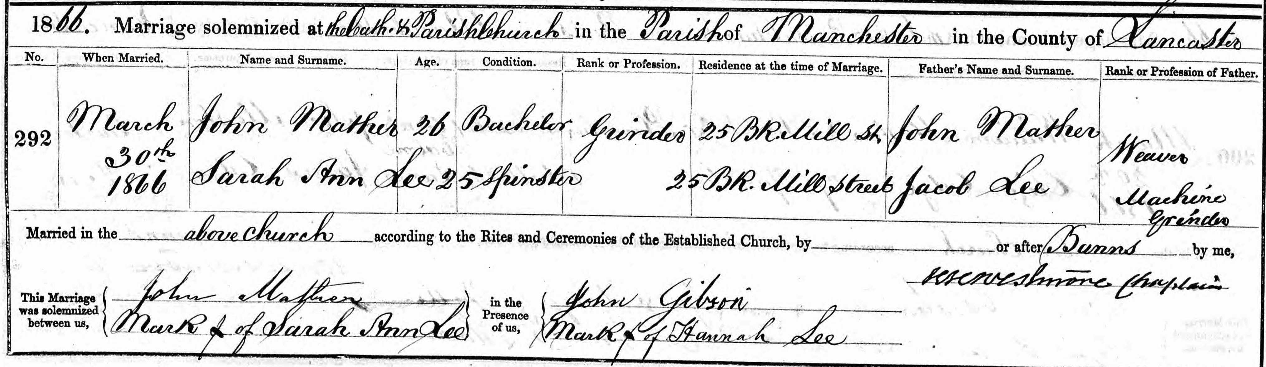 Taken on March 30th, 1866 and sourced from Certificate - Marriage.