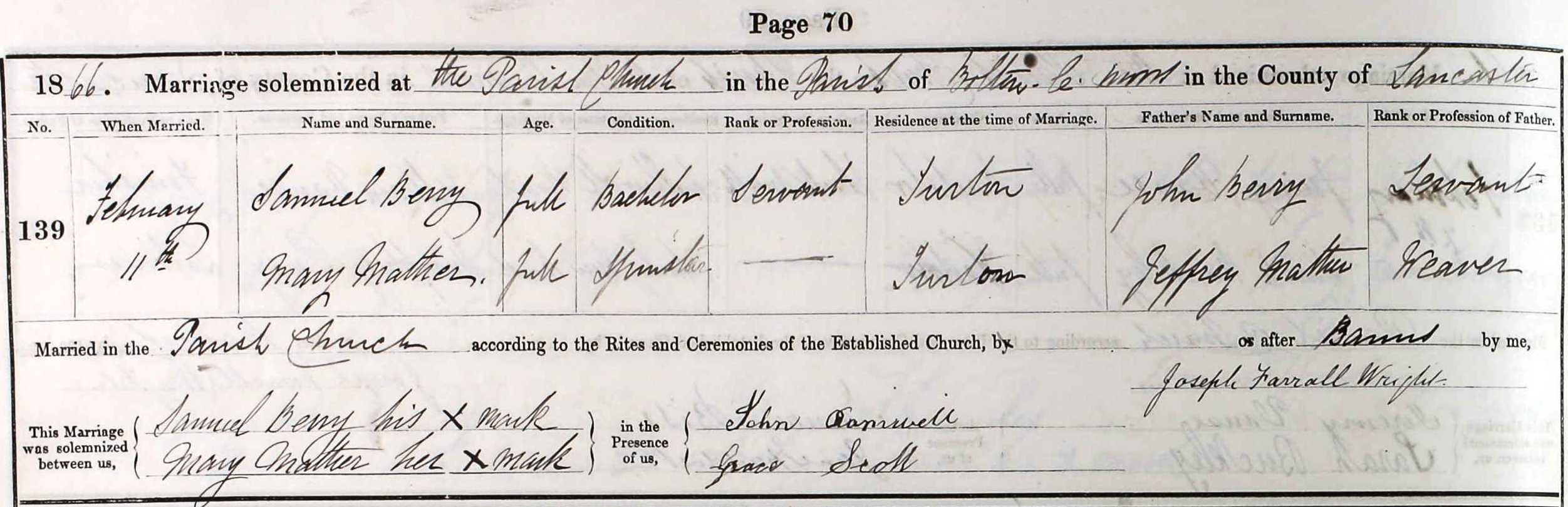 Taken on February 11th, 1866 and sourced from Certificate - Marriage.