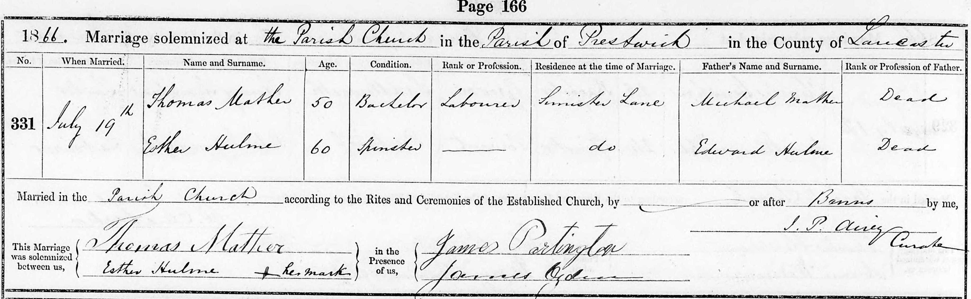 Taken on July 19th, 1866 and sourced from Certificate - Marriage.