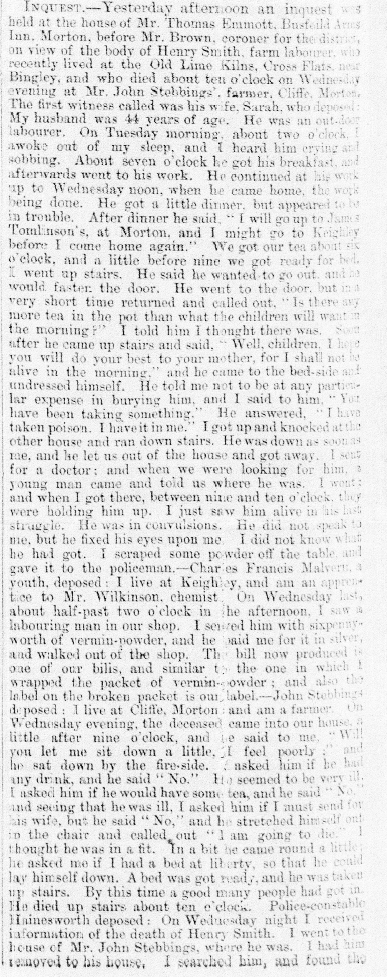 Taken on February 23rd, 1867 in Keighley and sourced from Newspaper - Henry Smith Inquest.