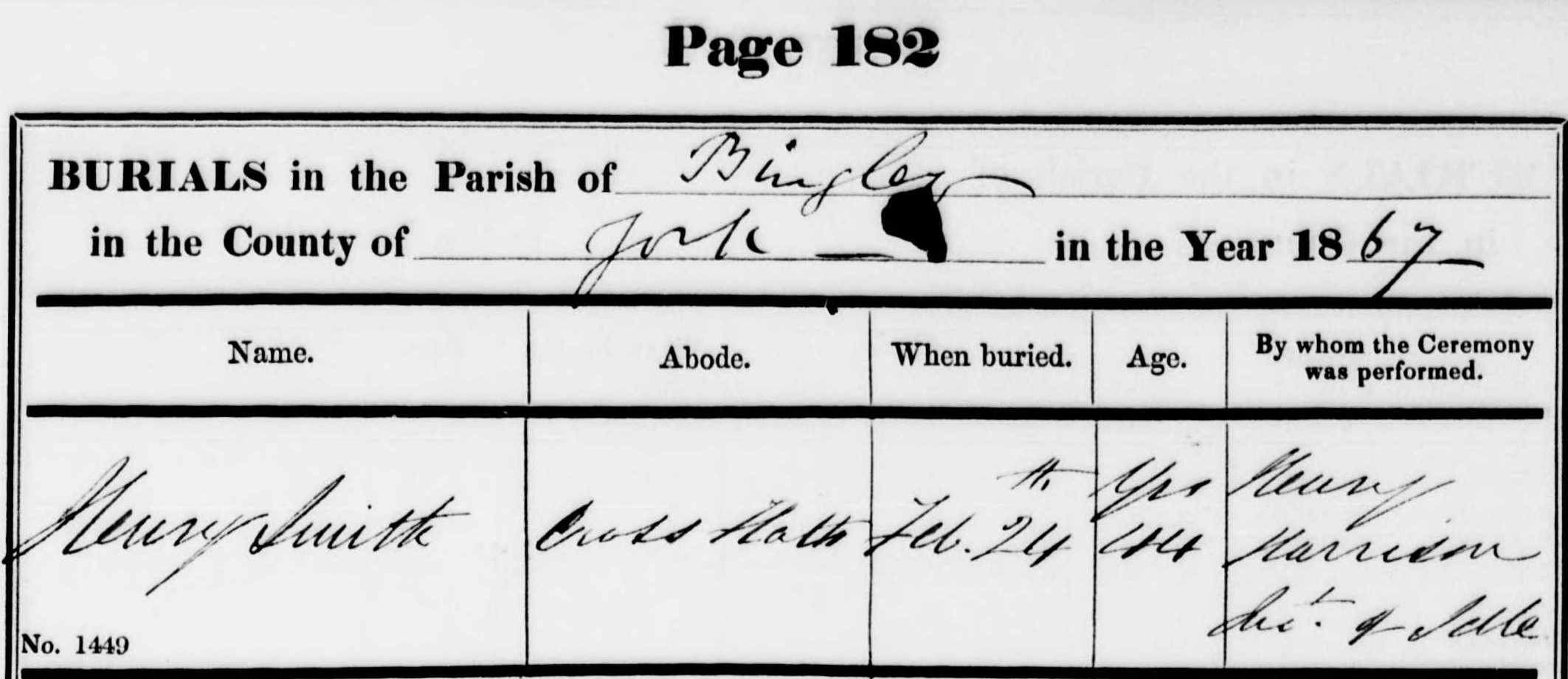 Taken on February 24th, 1867 in Crossflatts and sourced from Burial Record.