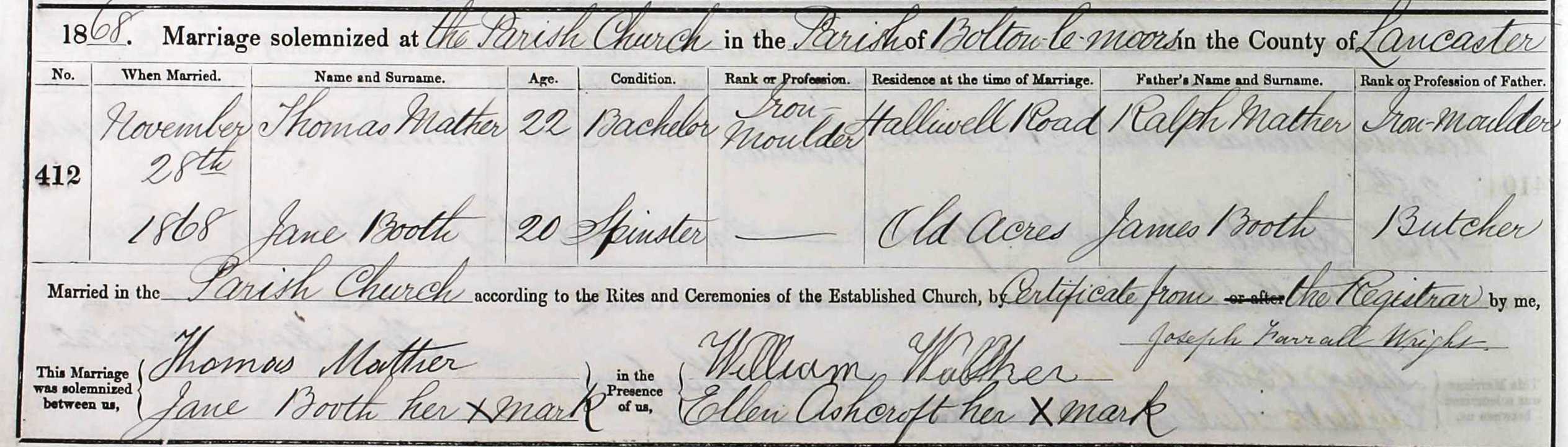 Taken on November 28th, 1868 and sourced from Certificate - Marriage.