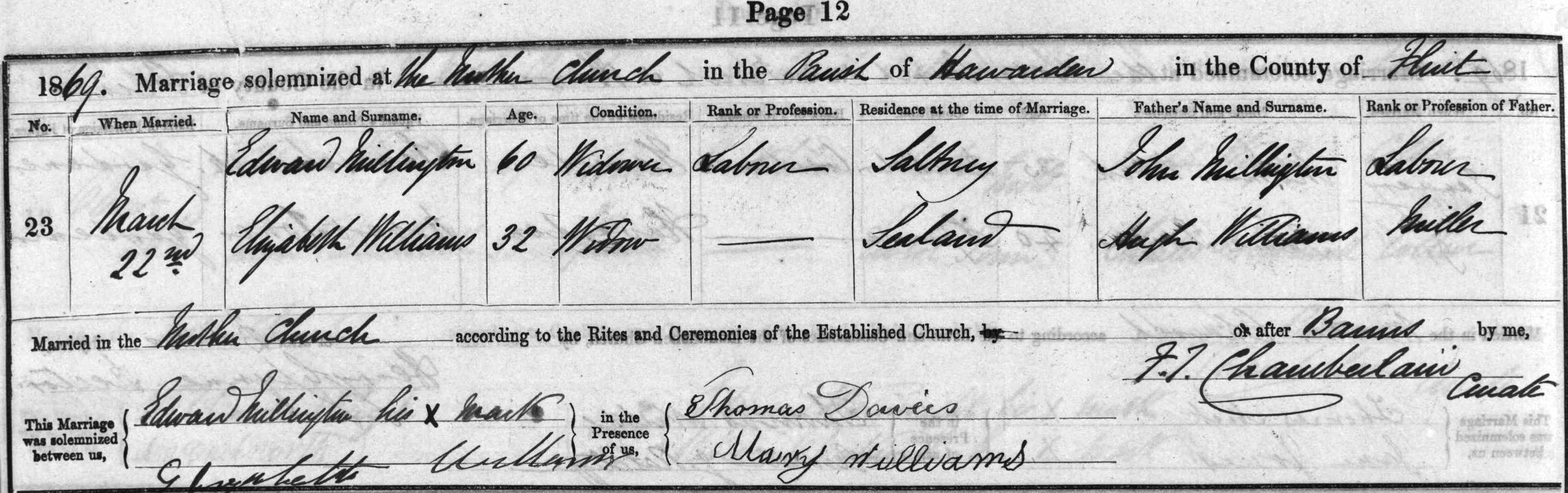 Taken on March 22nd, 1869 and sourced from Certificate - Marriage.