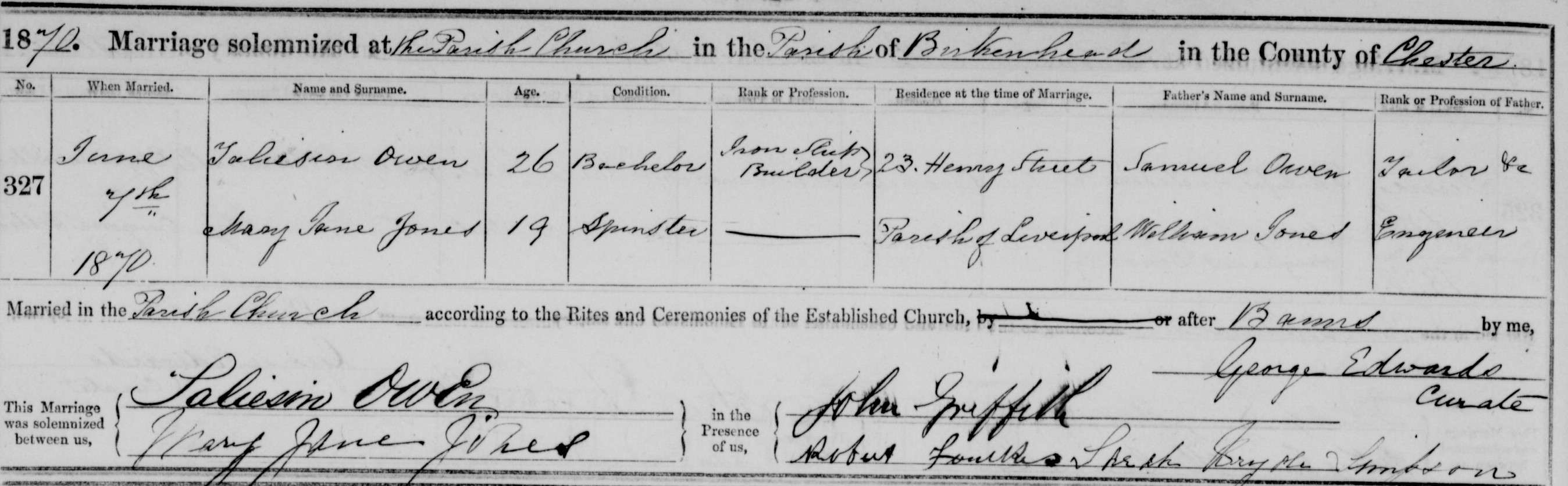 Taken on June 7th, 1870 at St. Mary (Birkenhead) and sourced from Certificate - Marriage.