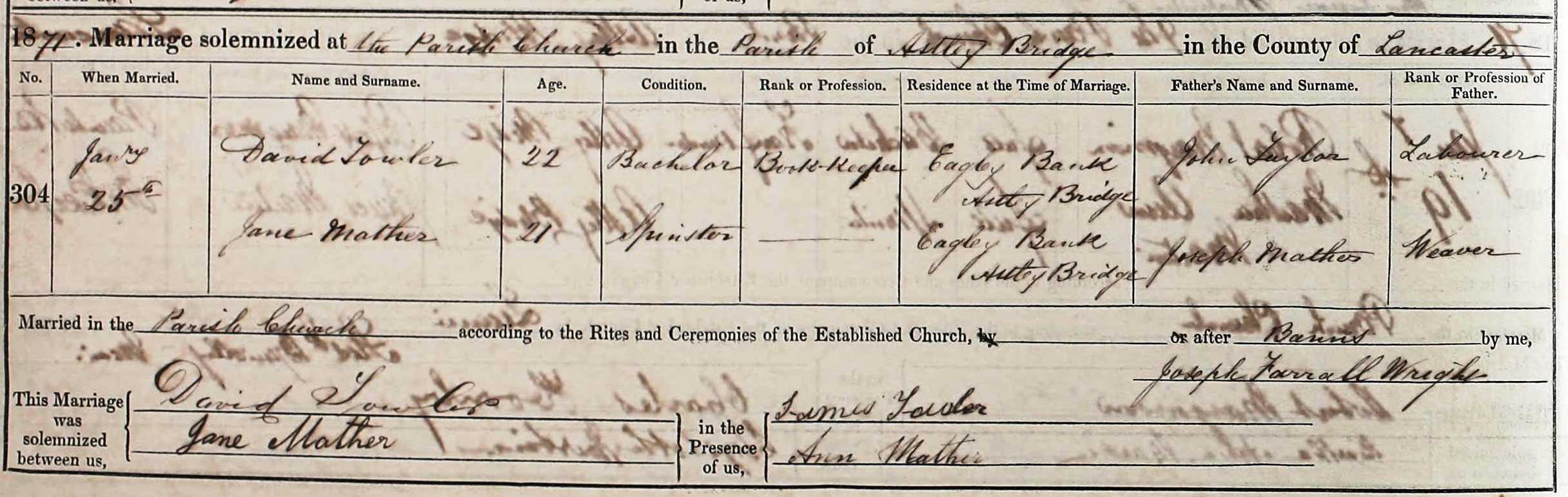 Taken on January 25th, 1871 and sourced from Certificate - Marriage.