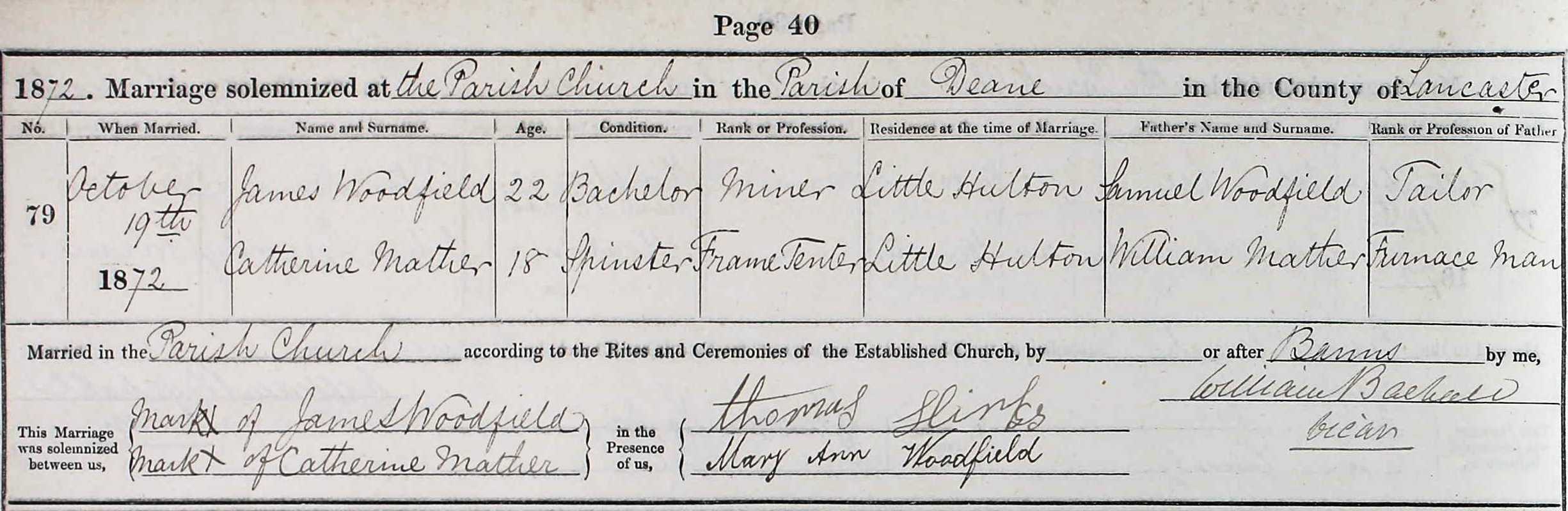 Taken on October 19th, 1872 and sourced from Certificate - Marriage.