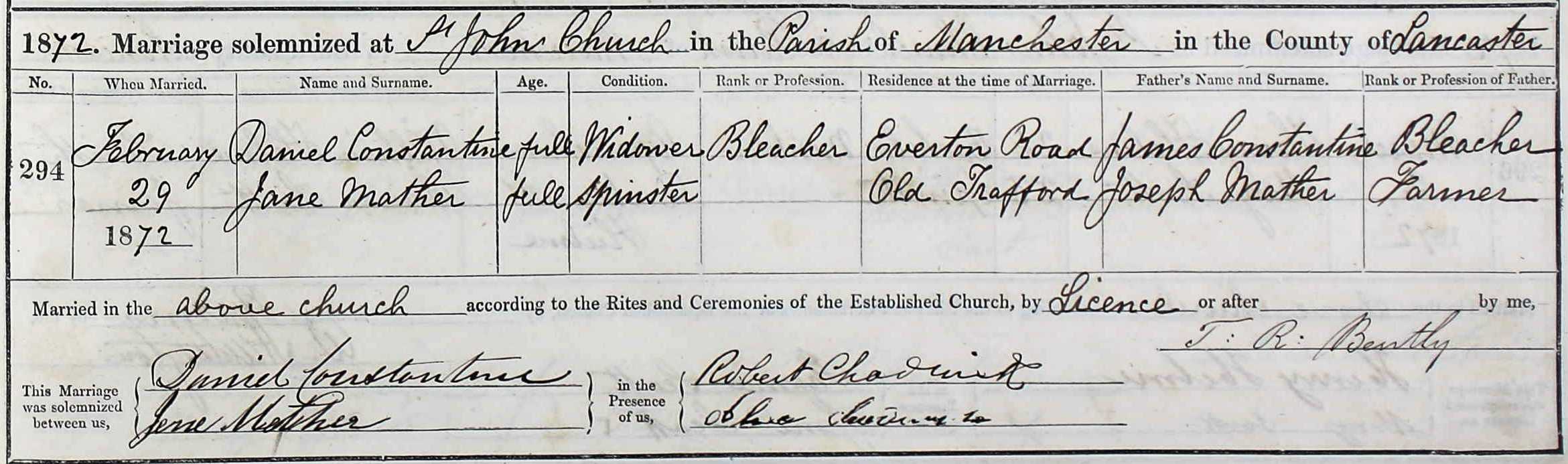 Taken on February 29th, 1872 and sourced from Certificate - Marriage.