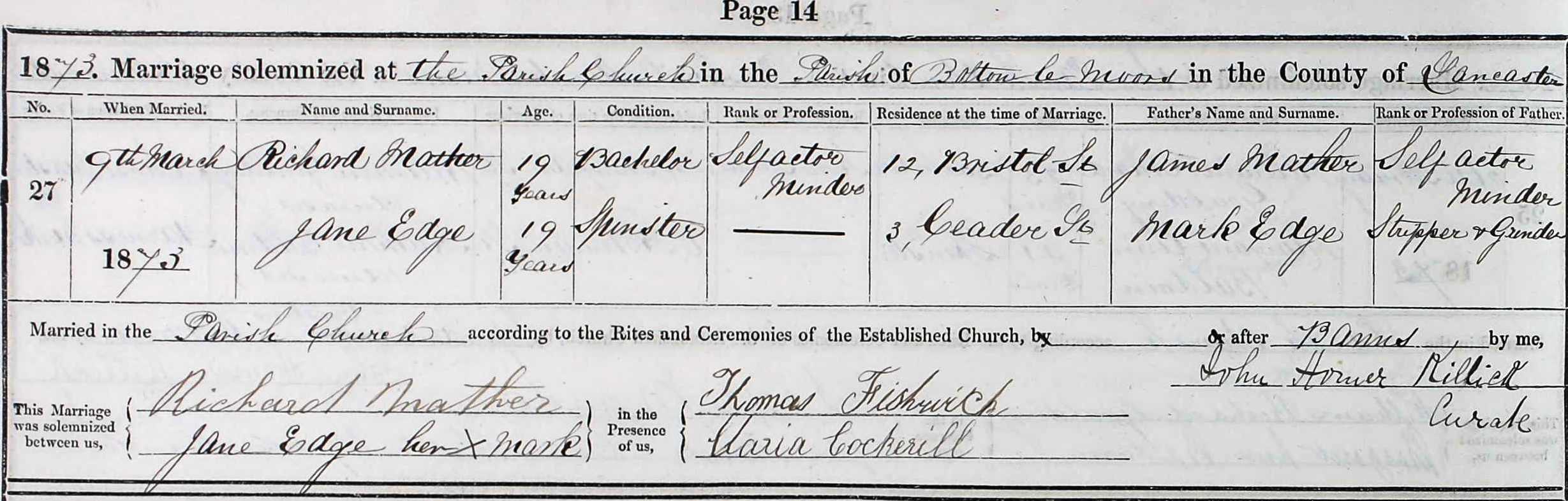 Taken on March 9th, 1873 and sourced from Certificate - Marriage.