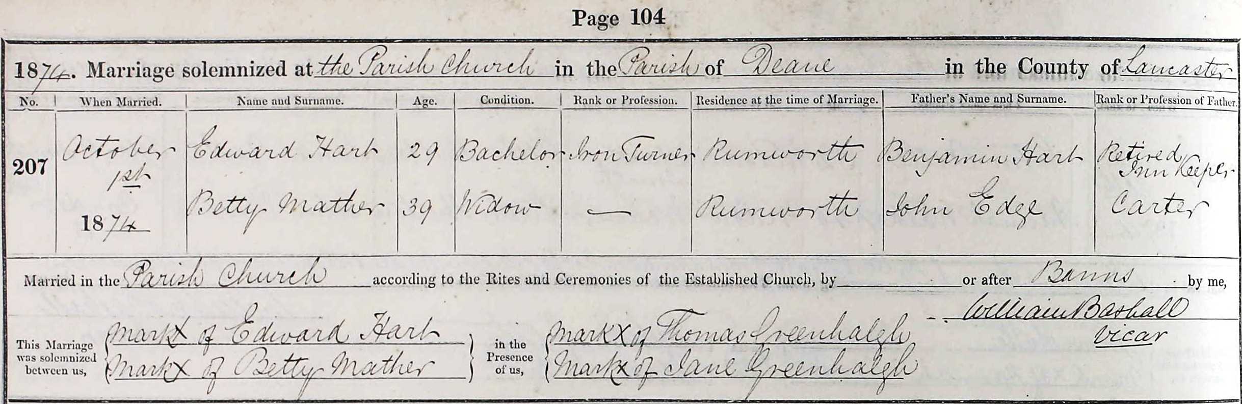 Taken on October 1st, 1874 and sourced from Certificate - Marriage.