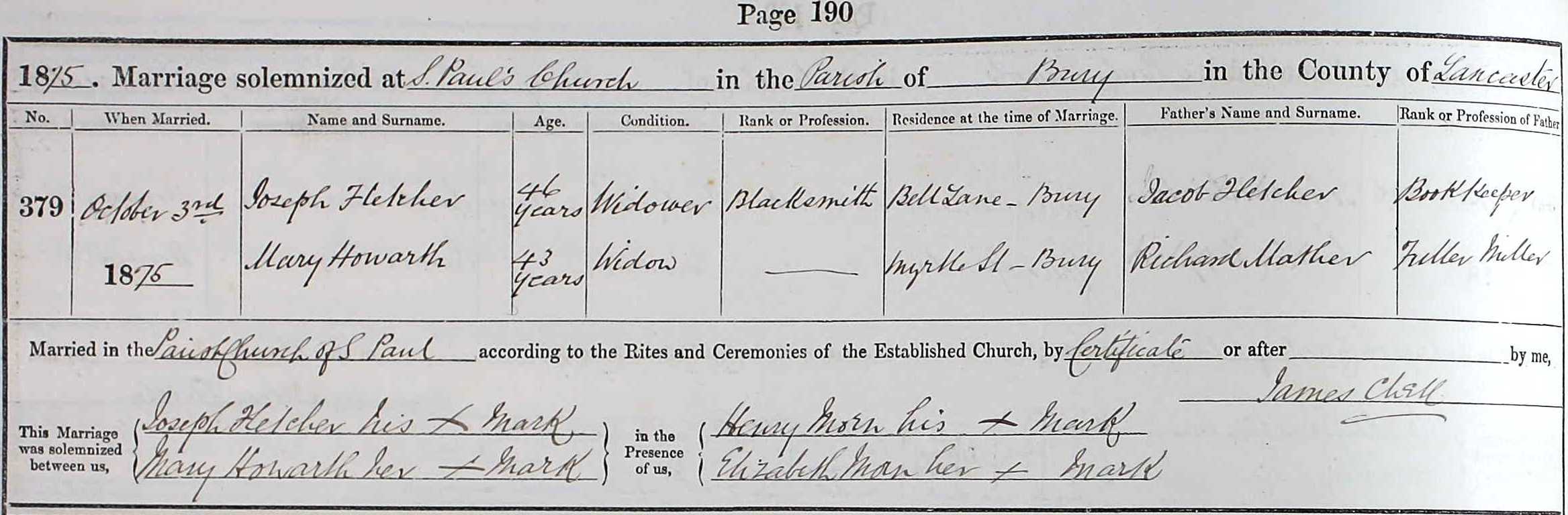 Taken on October 3rd, 1875 and sourced from Certificate - Marriage.