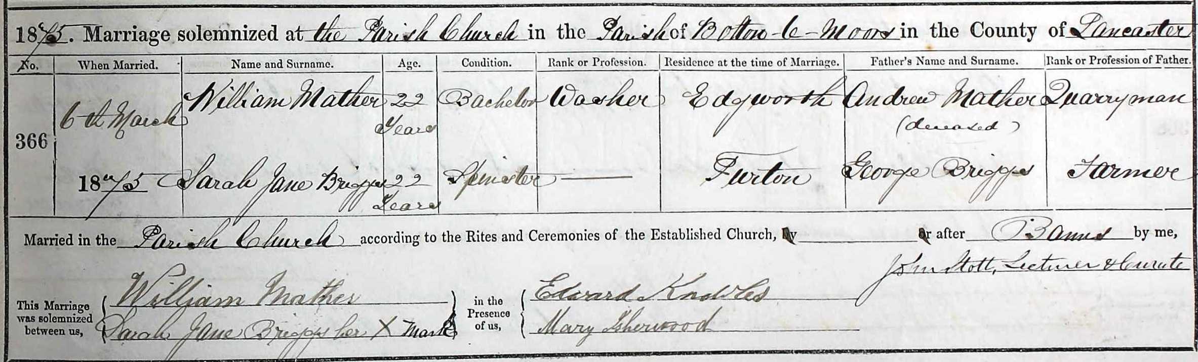 Taken on March 6th, 1875 and sourced from Certificate - Marriage.