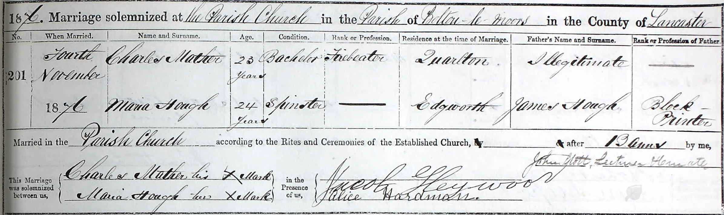 Taken on November 4th, 1876 and sourced from Certificate - Marriage.