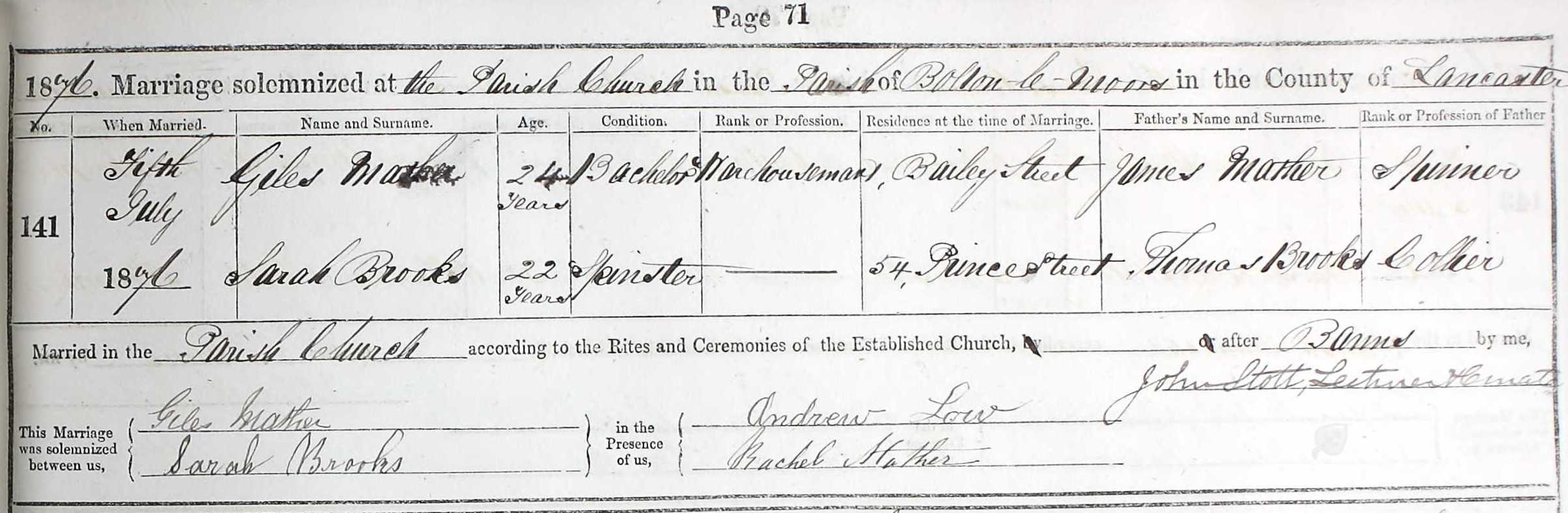 Taken on July 5th, 1876 and sourced from Certificate - Marriage.