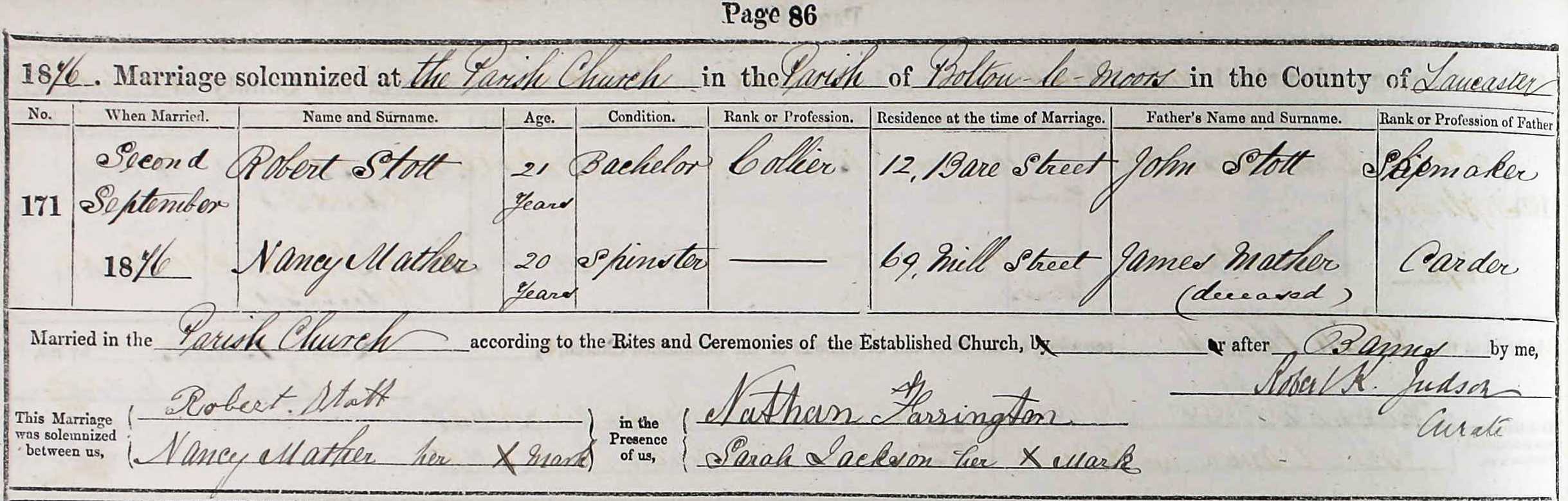 Taken on September 2nd, 1876 and sourced from Certificate - Marriage.